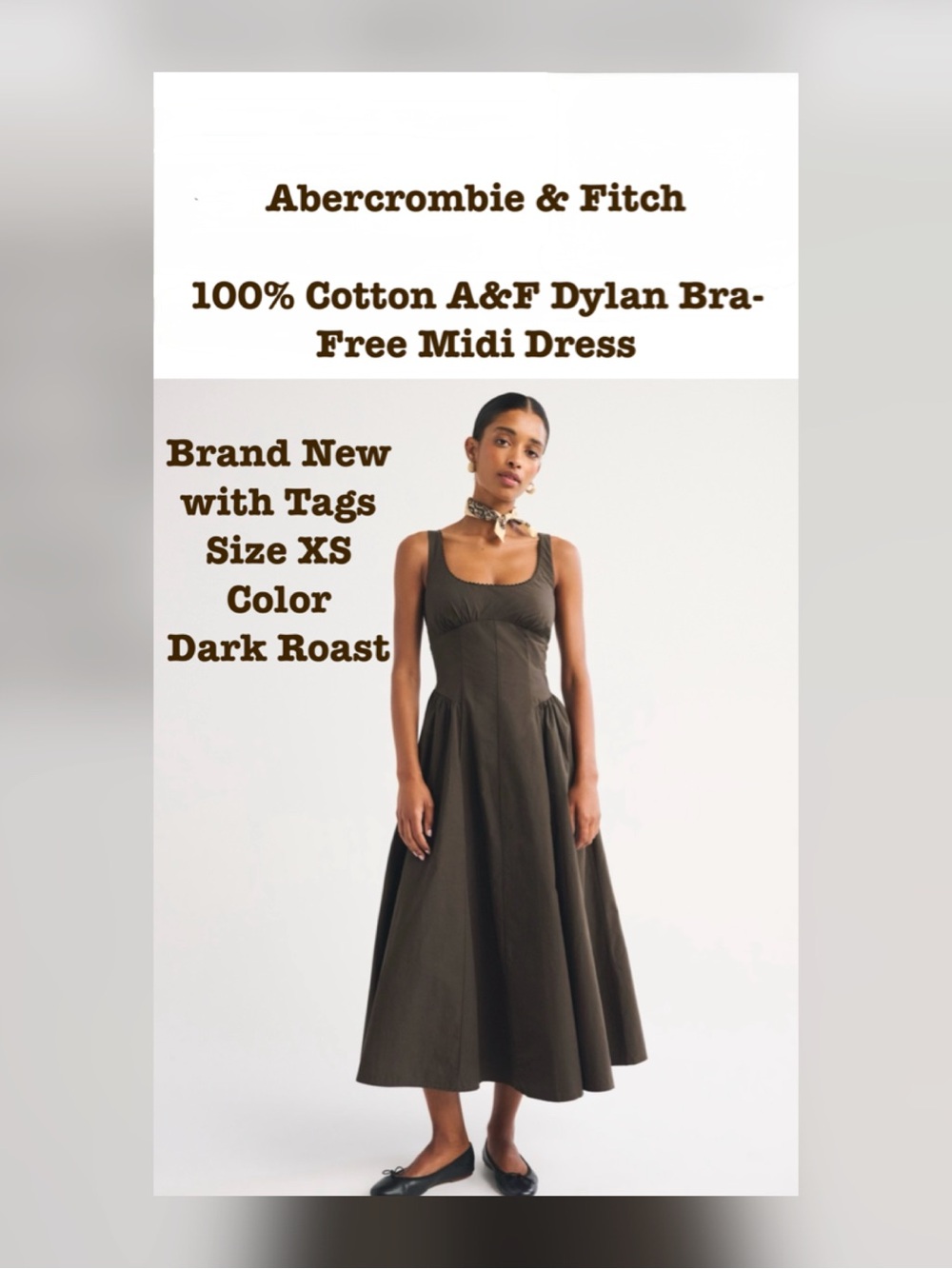 Abercrombie & Fitch 100% Cotton A&F Dylan Bra-Free Midi Dress in Dark Roast XS